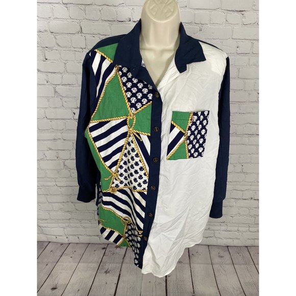 VTG Silver Threads Seashell Rope Striped Long Sleeve Button Up Shirt Women’s M - Picture 1 of 9